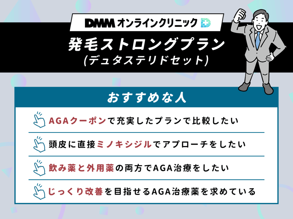 DMMオンラインクリニックAGA発毛ストロングプランデュタステリドセットのクーポン（デュタステリド・ミノキシジル・AGAタブレットL-リジン・ミノキシジルローション15%）
