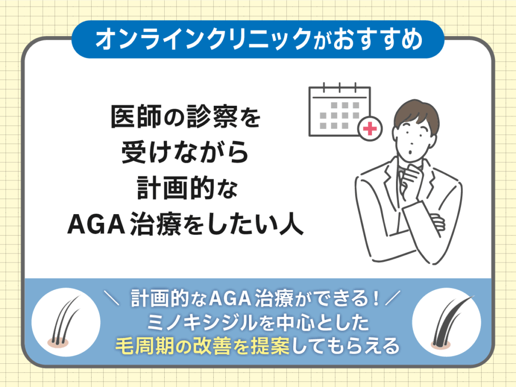 ミノキシジル通販がおすすめな人⑤：医師の診察を受けながら計画的なAGA治療をしたい人